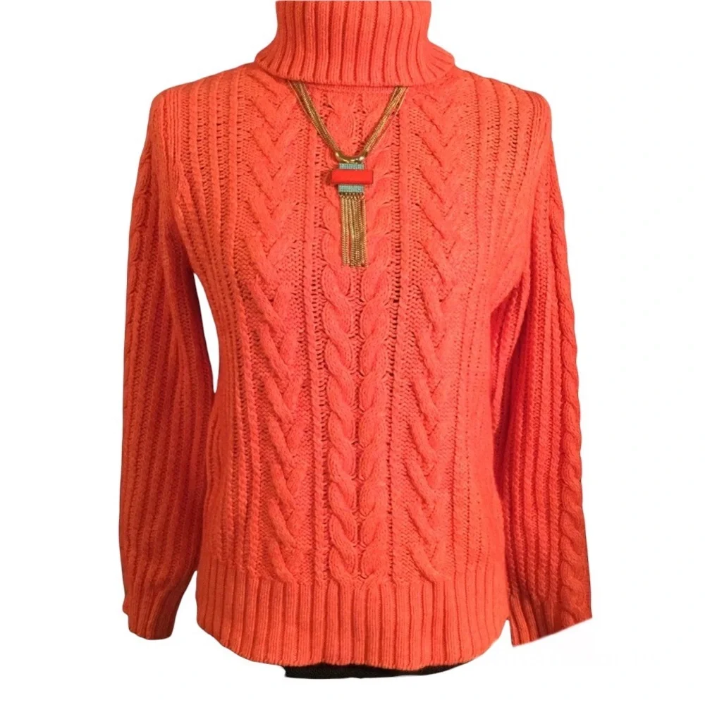 EDDIE BAUER coral coloured chunky cable knit turtleneck angora blend sweater - Picture 1 of 14
